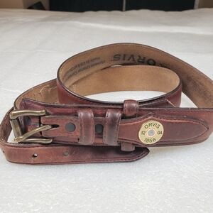 Orvis 12 Gauge Brass Shotgun Shell Brown Leather Belt Men's Size 44 USA Made